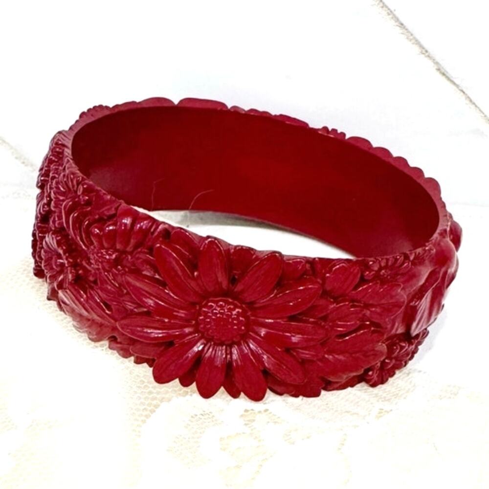 Vintage Carved Red Floral Bangle Bracelet